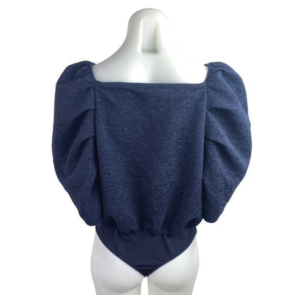 Express Women's Blue Short Puff Sleeve V-Neck Wrap Bodysuit Blouse Top Size M - Picture 2 of 4